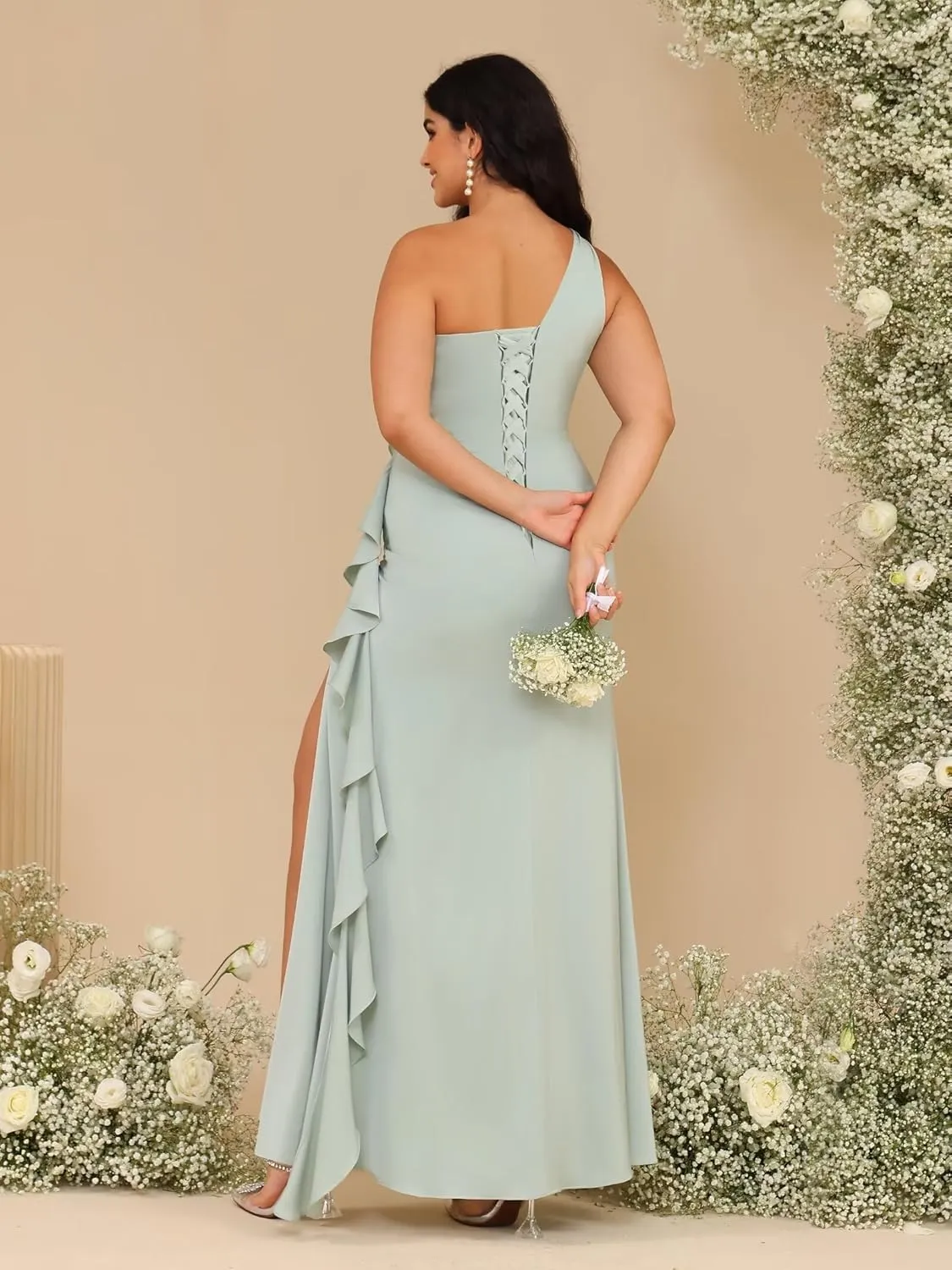 Dessiny One Shoulder Satin Bridesmaid Dresses for Women 2025 Ruffle Pleated Maxi Formal Dress with Slit DE265