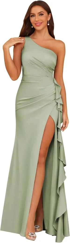 Dessiny One Shoulder Satin Bridesmaid Dresses for Women 2025 Ruffle Pleated Maxi Formal Dress with Slit DE265