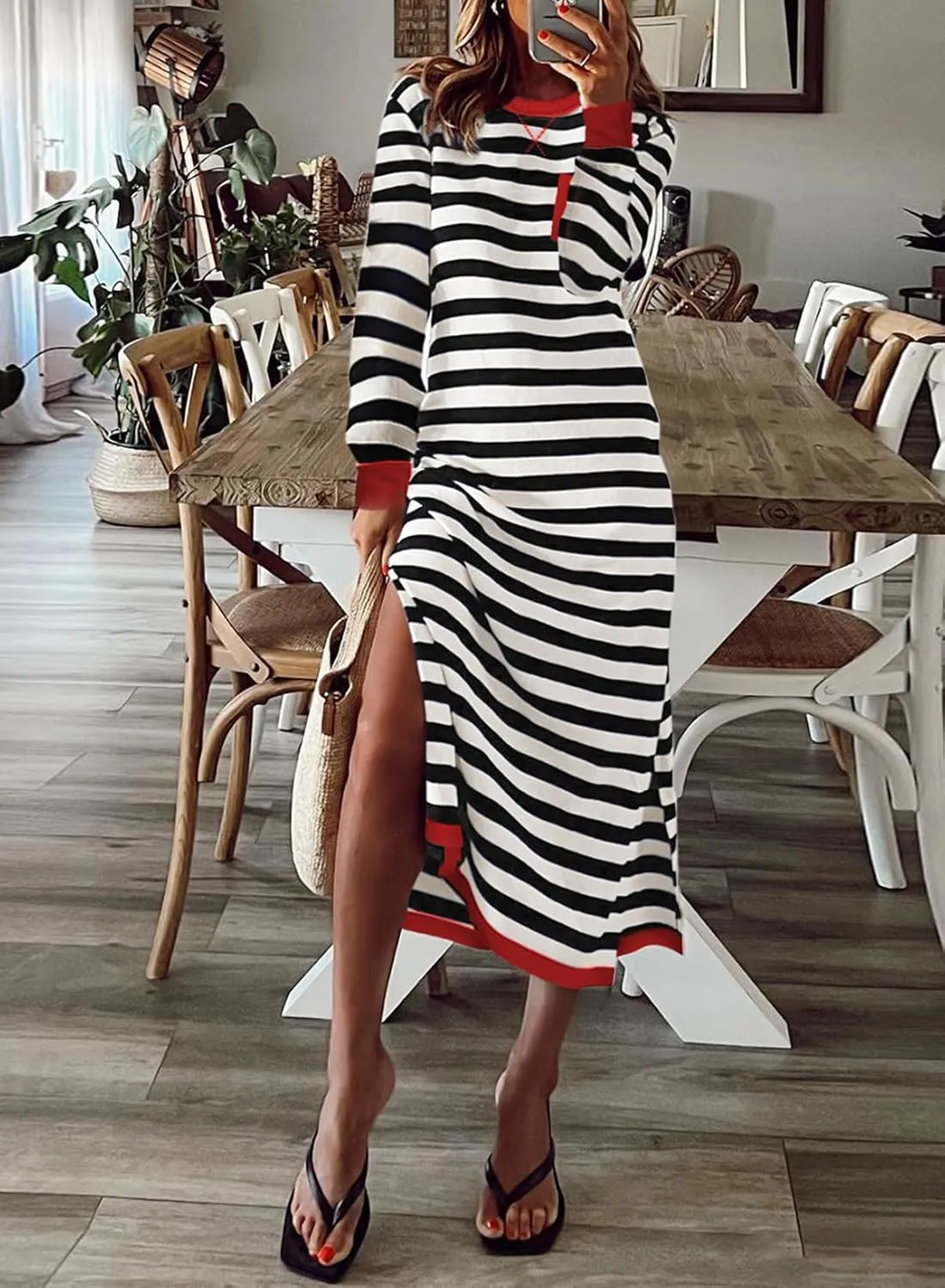 Dokotoo Fall Dresses for Women 2024 Striped Color Block Long Sleeve Crewneck Side Splits Casual Loose Long Maxi Dress