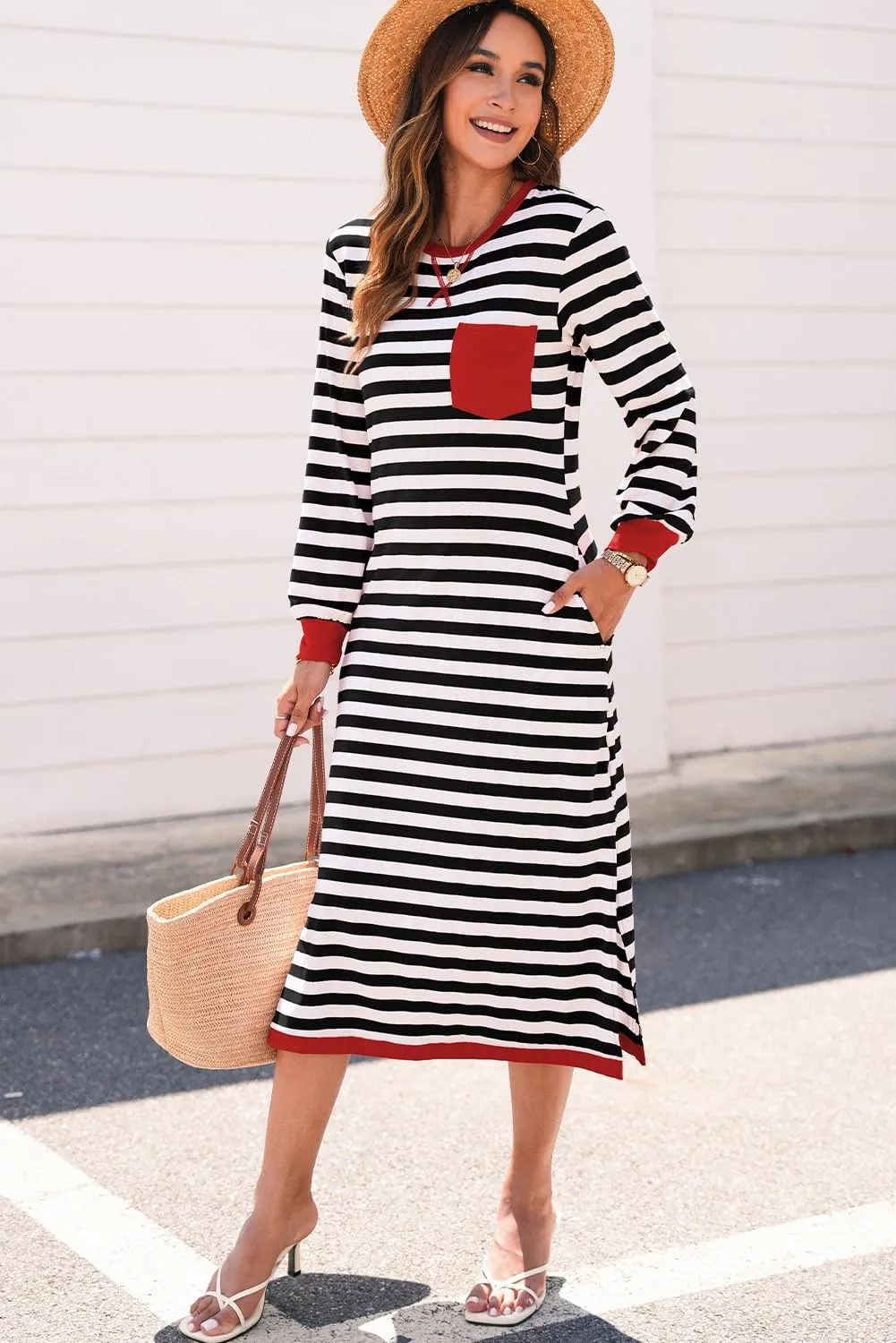 Dokotoo Fall Dresses for Women 2024 Striped Color Block Long Sleeve Crewneck Side Splits Casual Loose Long Maxi Dress