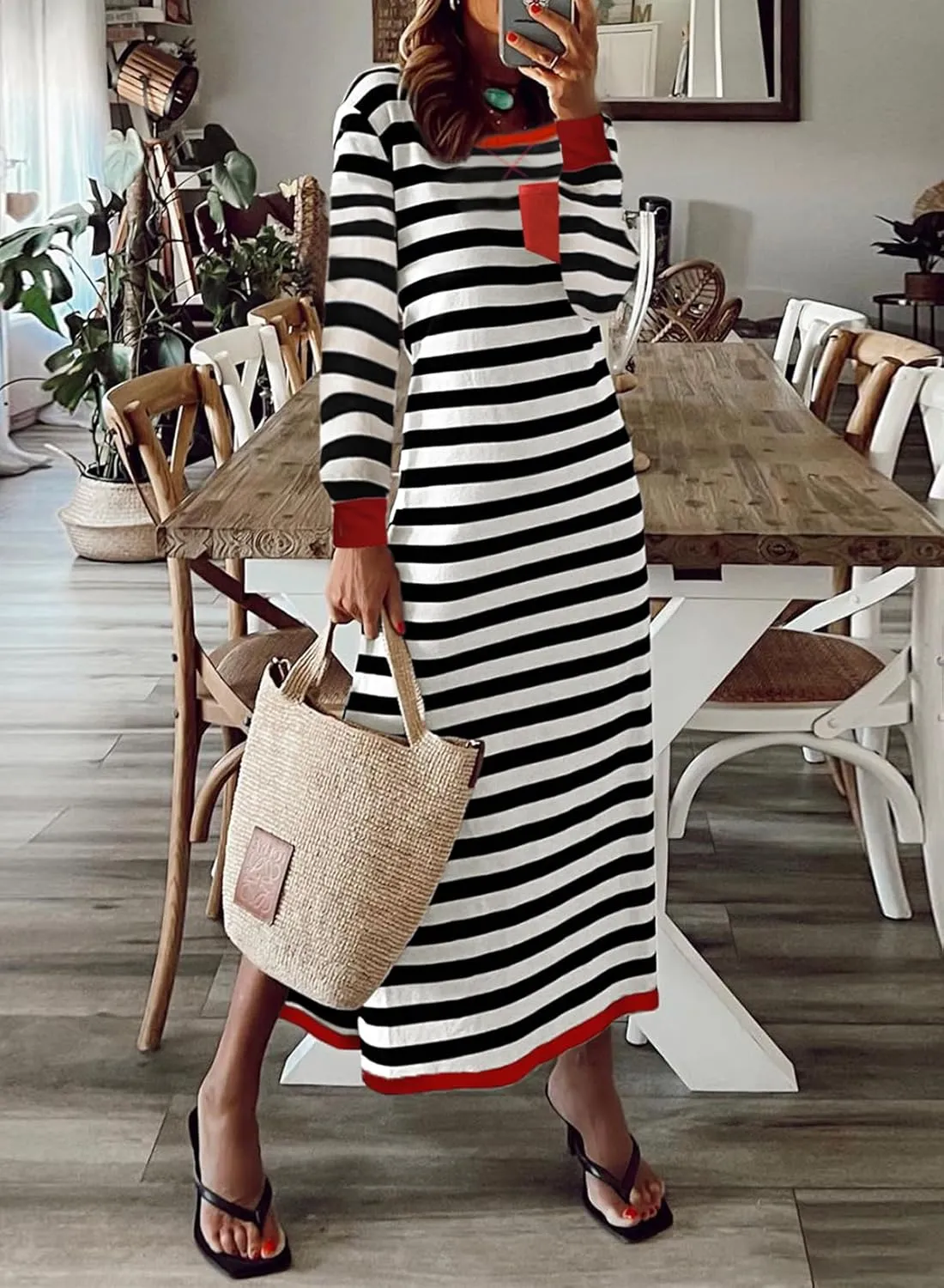 Dokotoo Fall Dresses for Women 2024 Striped Color Block Long Sleeve Crewneck Side Splits Casual Loose Long Maxi Dress