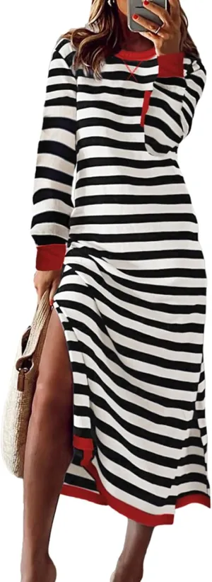 Dokotoo Fall Dresses for Women 2024 Striped Color Block Long Sleeve Crewneck Side Splits Casual Loose Long Maxi Dress