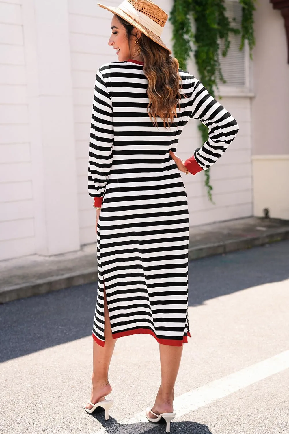 Dokotoo Fall Dresses for Women 2024 Striped Color Block Long Sleeve Crewneck Side Splits Casual Loose Long Maxi Dress