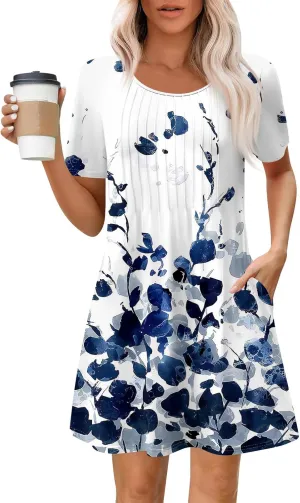 Dresses for Women 2025 Cute Boho Floral Sundress Crew Neck Short Sleeve Beach Dress Swimsuit Coverup with Pockets