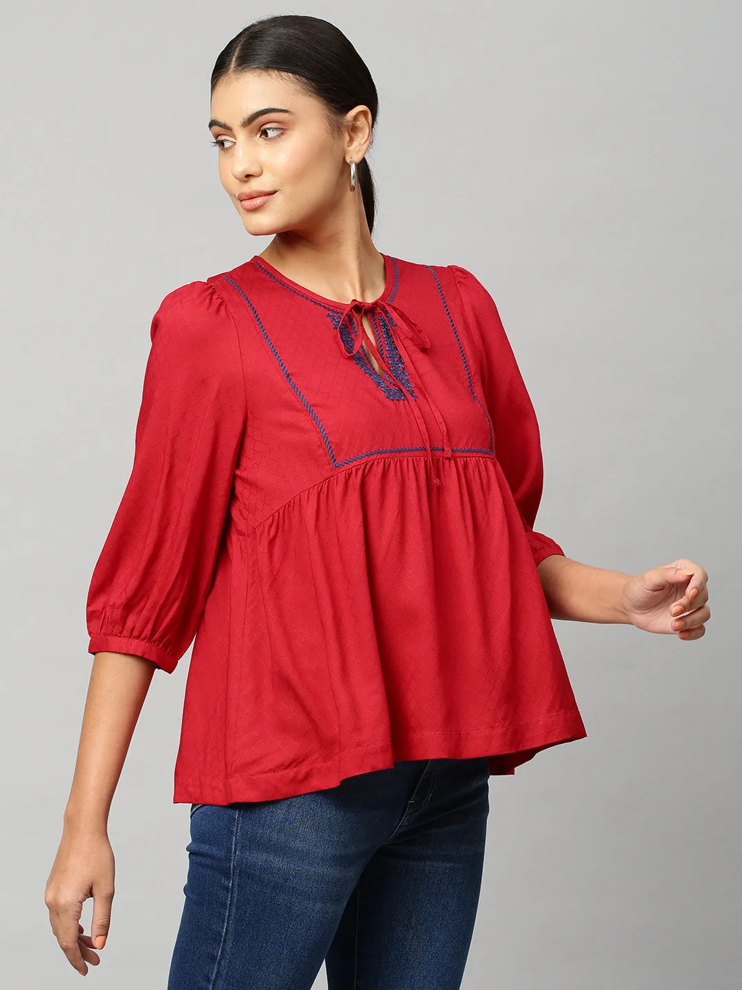 Embroidered Viscose Dobby Top