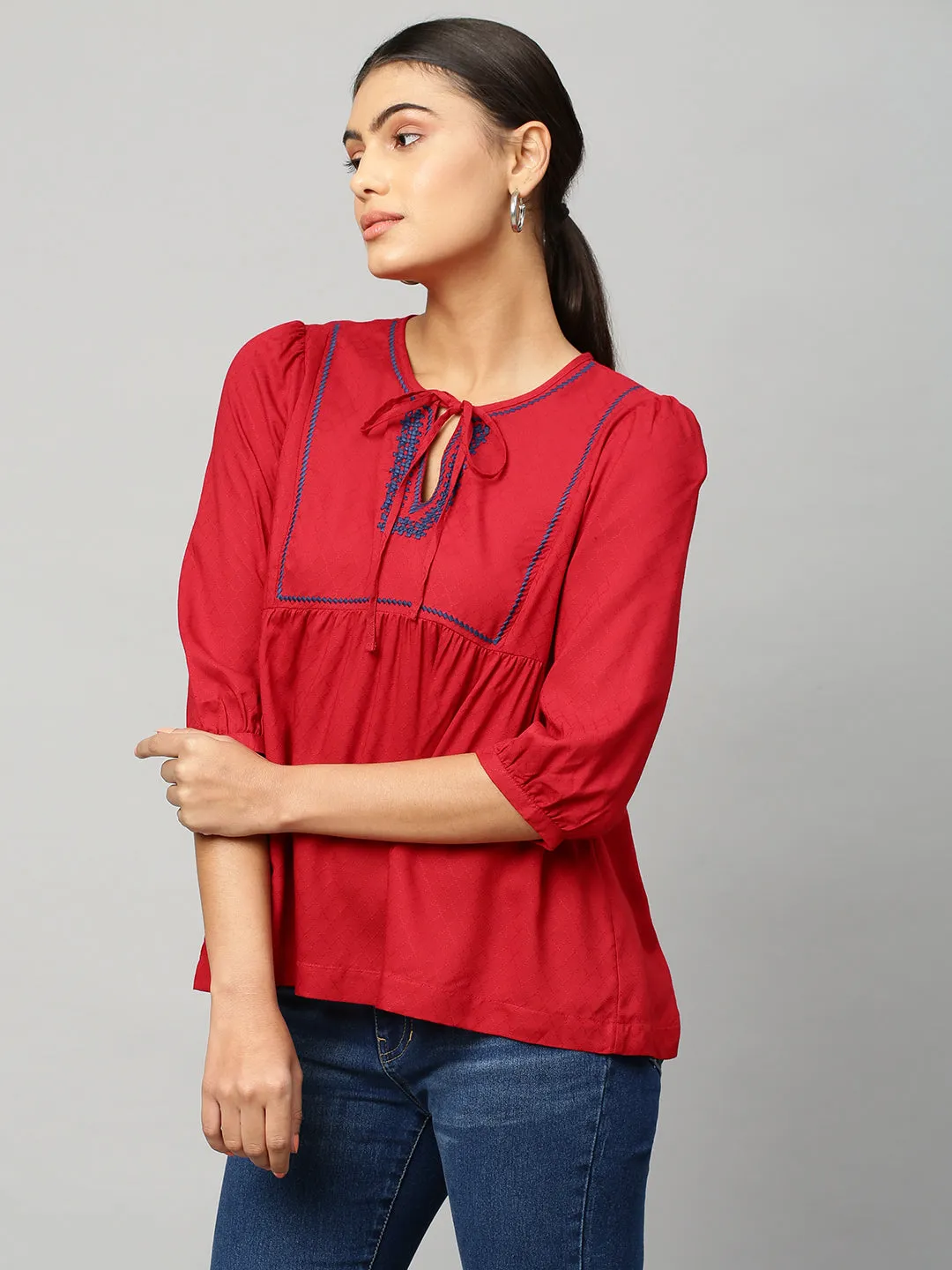 Embroidered Viscose Dobby Top