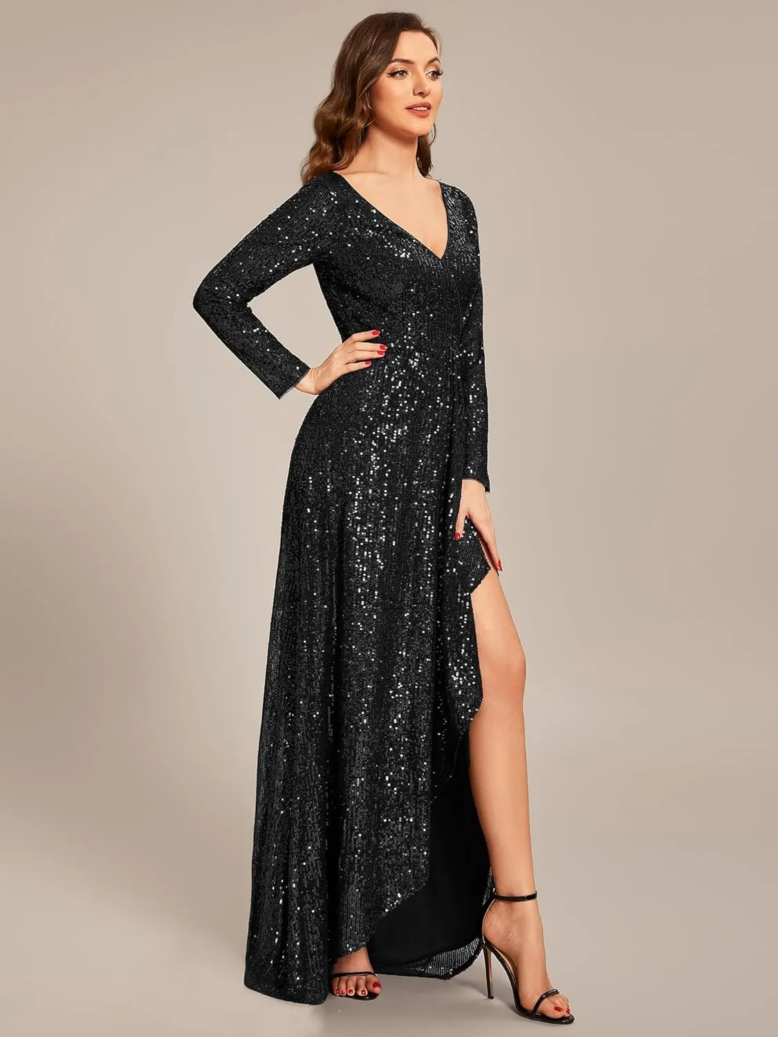 Ever-Pretty Women's Sexy Winter Sequin Long Sleeves A-Line High Low Maxi Evening Dresses 50146