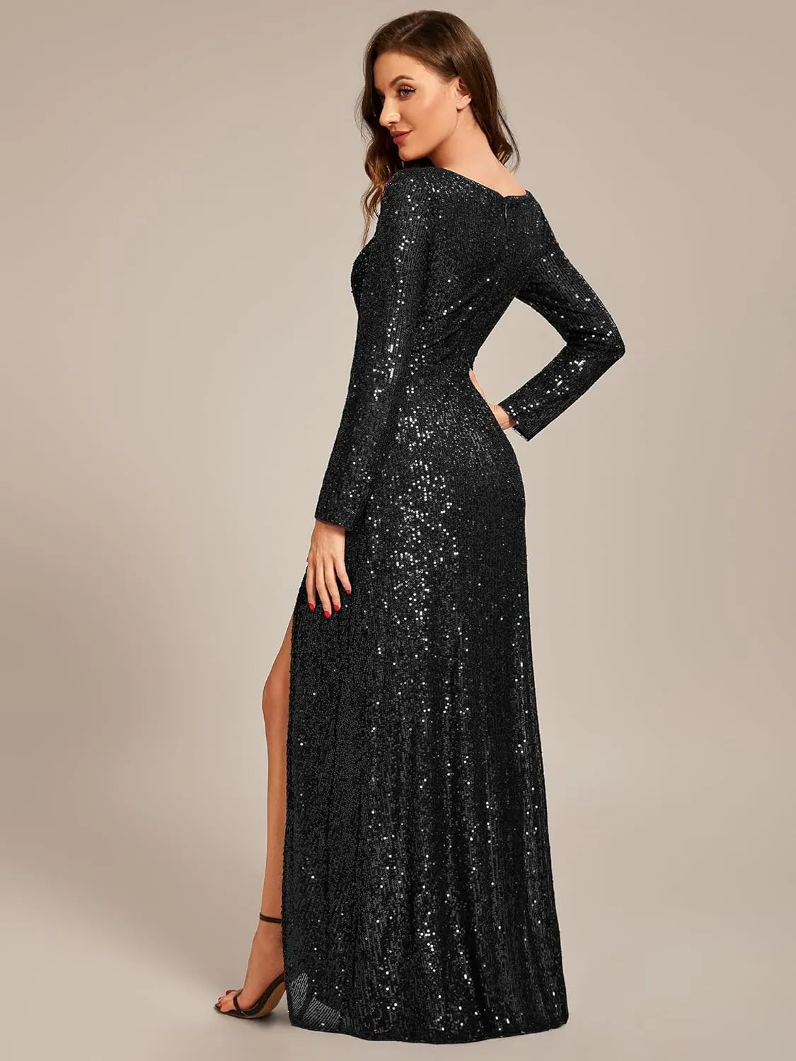 Ever-Pretty Women's Sexy Winter Sequin Long Sleeves A-Line High Low Maxi Evening Dresses 50146