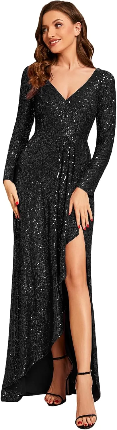 Ever-Pretty Women's Sexy Winter Sequin Long Sleeves A-Line High Low Maxi Evening Dresses 50146