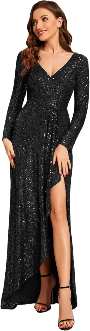 Ever-Pretty Women's Sexy Winter Sequin Long Sleeves A-Line High Low Maxi Evening Dresses 50146