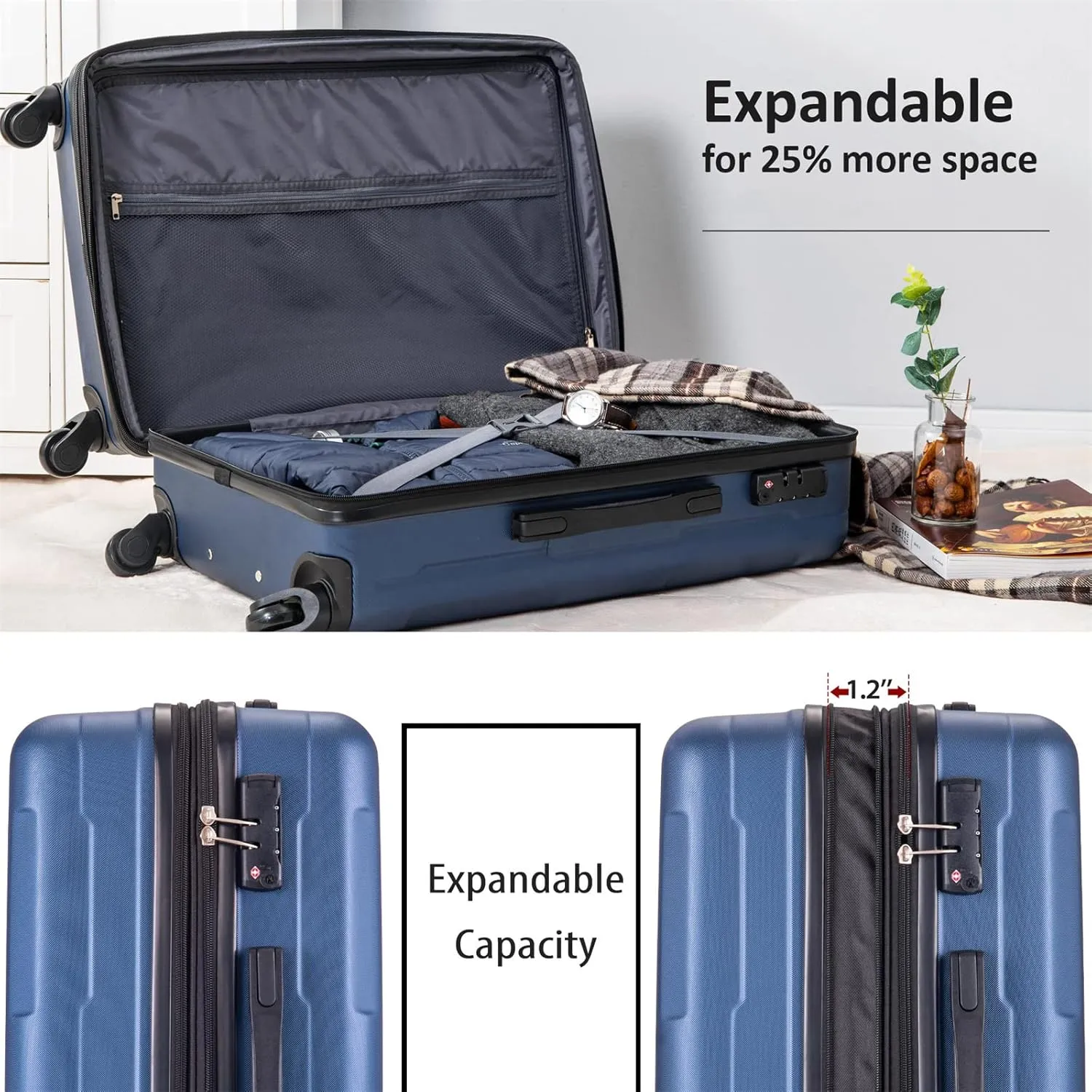 Expanable Spinner Wheel 2 Piece Luggage Set ABS Lightweight Suitcase with TSA Lock, 20inch 24inch, Hard Case Luggage with Spinner Wheels (Blue)