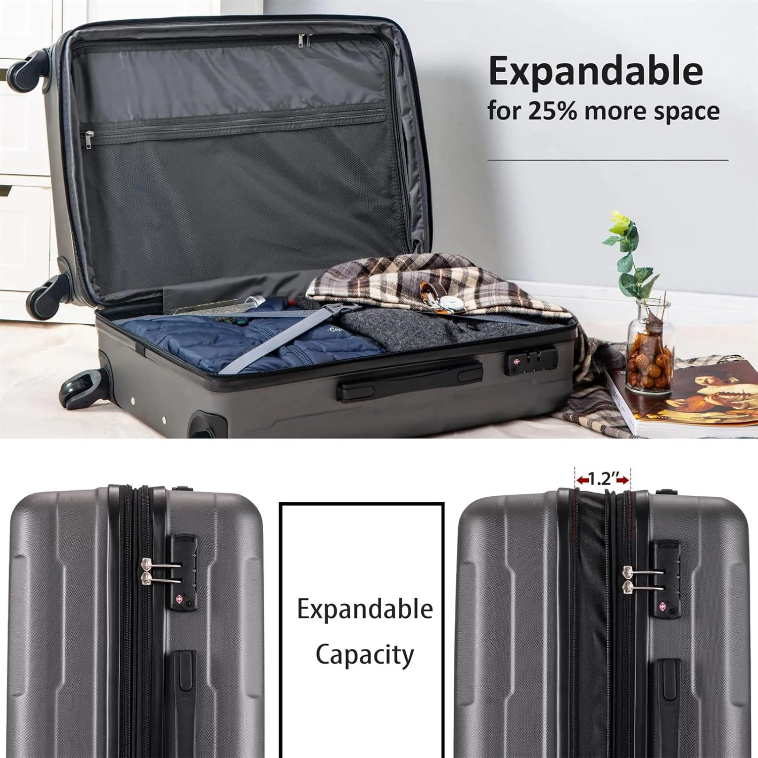 Expanable Spinner Wheel 2 Piece Luggage Set ABS Lightweight Suitcase with TSA Lock, 20inch 24inch, Hard Case Luggage with Spinner Wheels (Dark Gray)