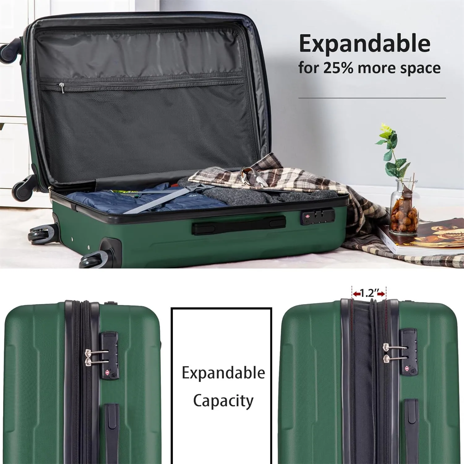 Expanable Spinner Wheel 2 Piece Luggage Set ABS Lightweight Suitcase with TSA Lock, 20inch 24inch, Hard Case Luggage with Spinner Wheels (Green)
