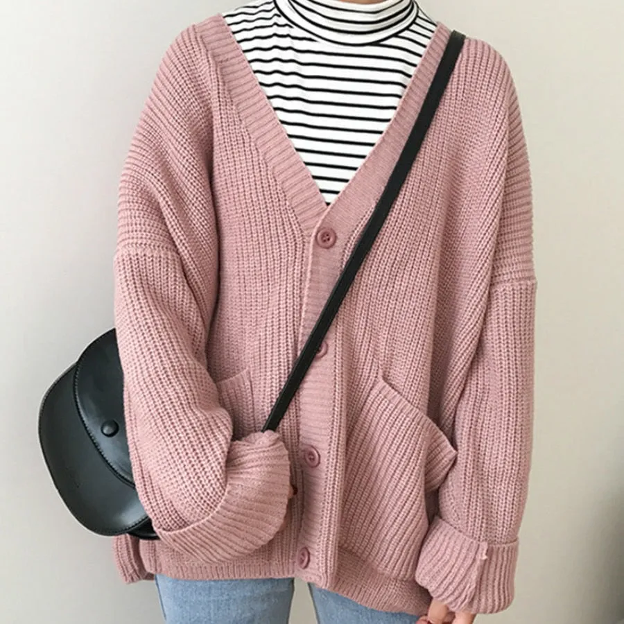 FashionSierra - Loose V Neck Slim Knit Sweater Warm Cardigan