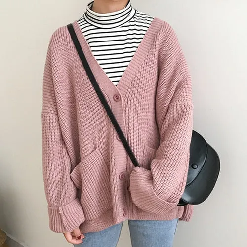 FashionSierra - Loose V Neck Slim Knit Sweater Warm Cardigan