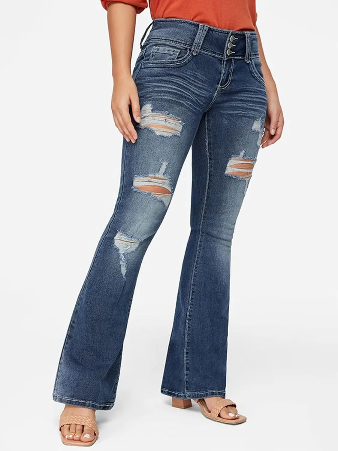 Flamingals Low Rise Ripped Bootcut Wide Leg Jeans for Women Stretchy Denim Pants