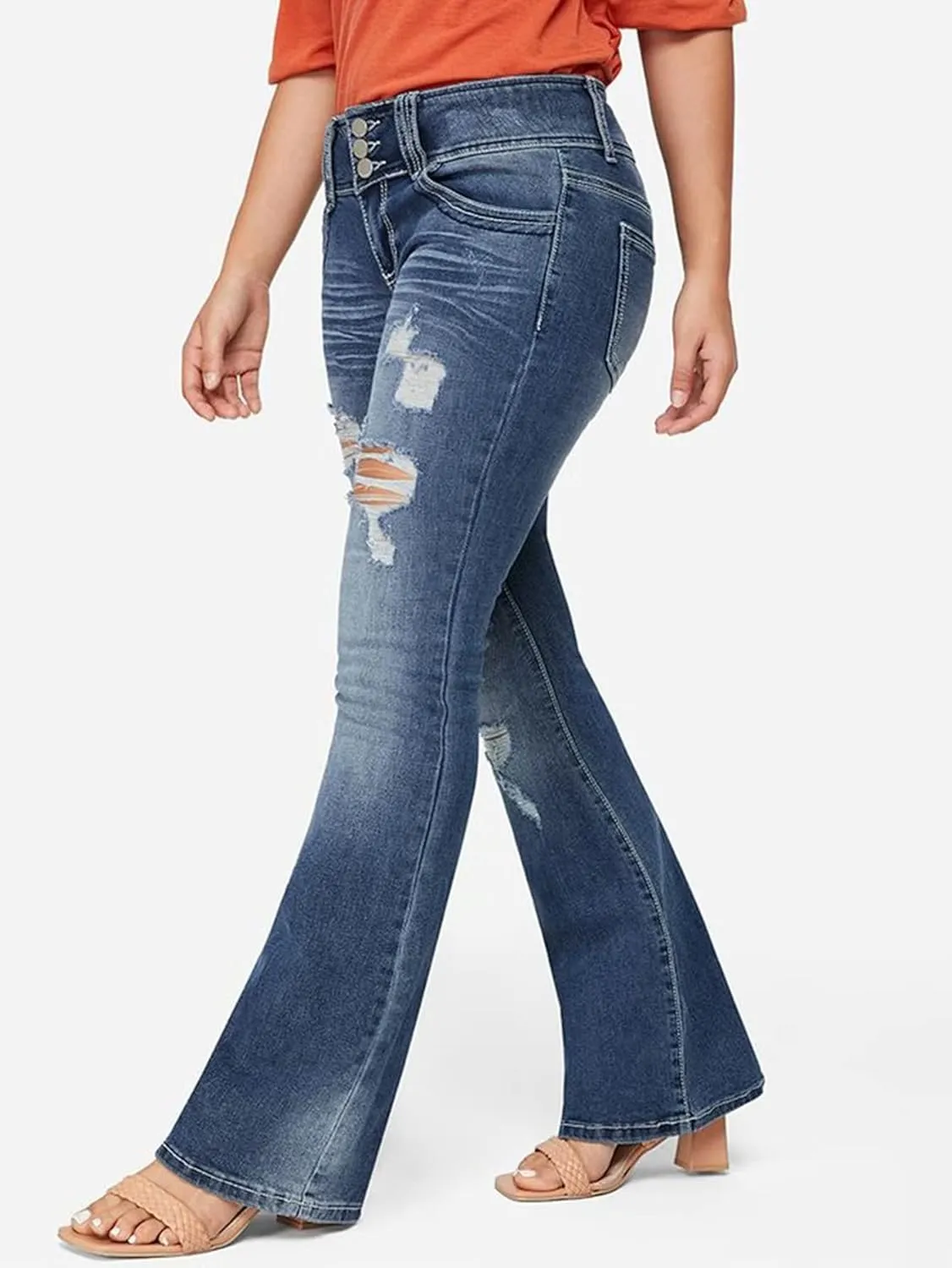 Flamingals Low Rise Ripped Bootcut Wide Leg Jeans for Women Stretchy Denim Pants