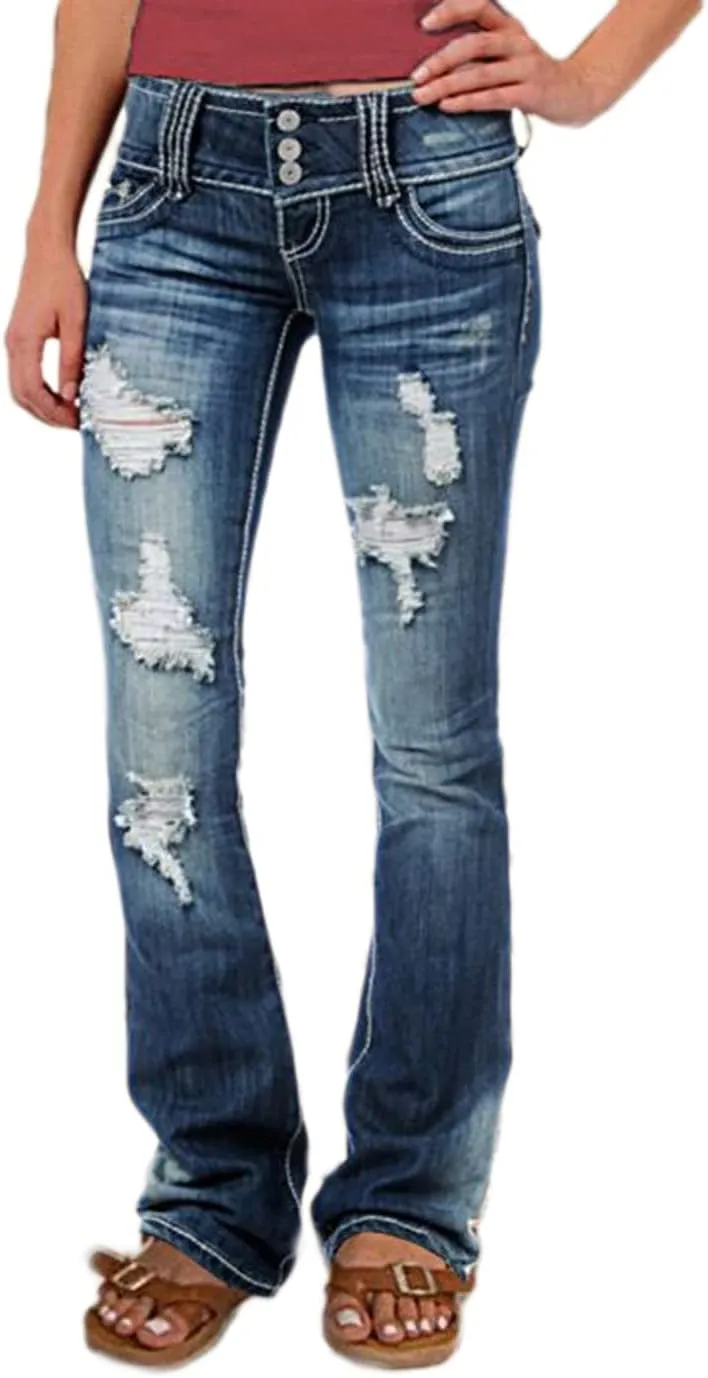 Flamingals Low Rise Ripped Bootcut Wide Leg Jeans for Women Stretchy Denim Pants