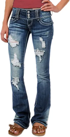 Flamingals Low Rise Ripped Bootcut Wide Leg Jeans for Women Stretchy Denim Pants