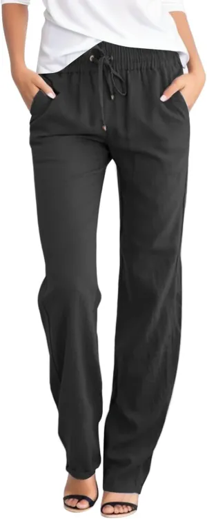 Flowy Pants for Women Elastic Waist Wide Leg Trousers Lightweight Linen Blend Casual Summer Beachwear Loose Fit