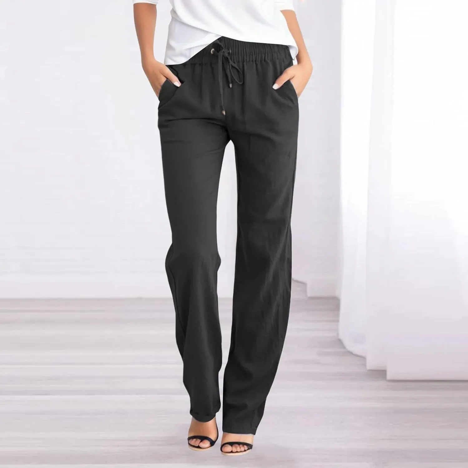 Flowy Pants for Women Elastic Waist Wide Leg Trousers Lightweight Linen Blend Casual Summer Beachwear Loose Fit