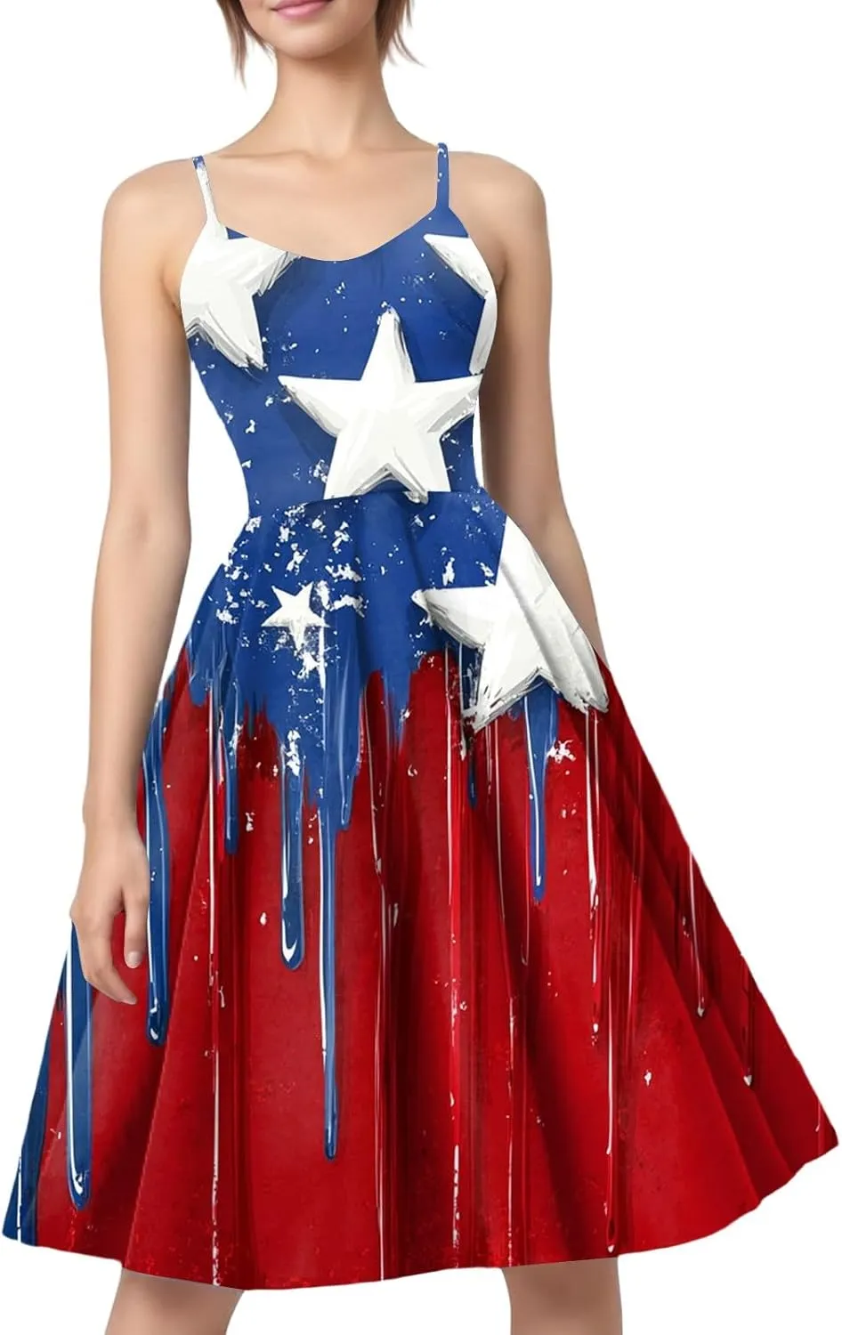 Fourth of July Dresses for Women Midi Red White and Blue Dress Sleeveless Patriotic Dresses Holiday Festival Dress
