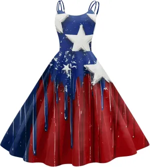 Fourth of July Dresses for Women Midi Red White and Blue Dress Sleeveless Patriotic Dresses Holiday Festival Dress