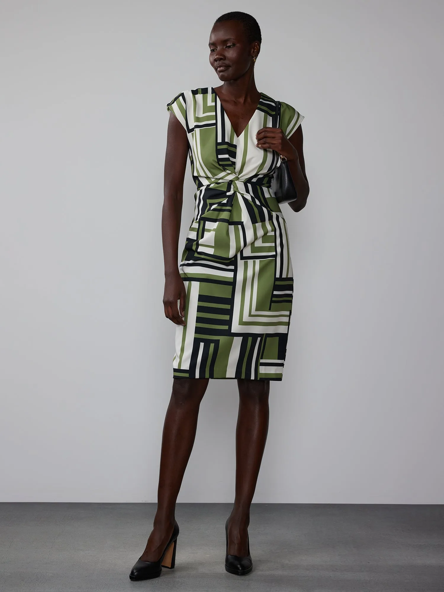 Geometric Print Twist Front Midi Dress