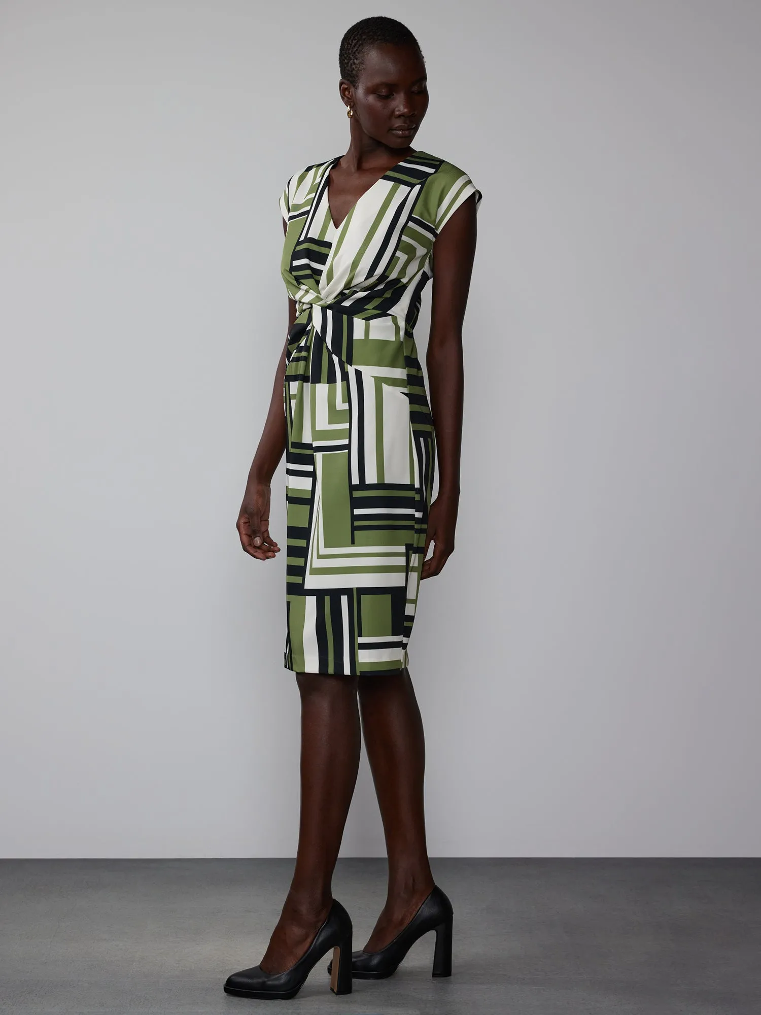 Geometric Print Twist Front Midi Dress