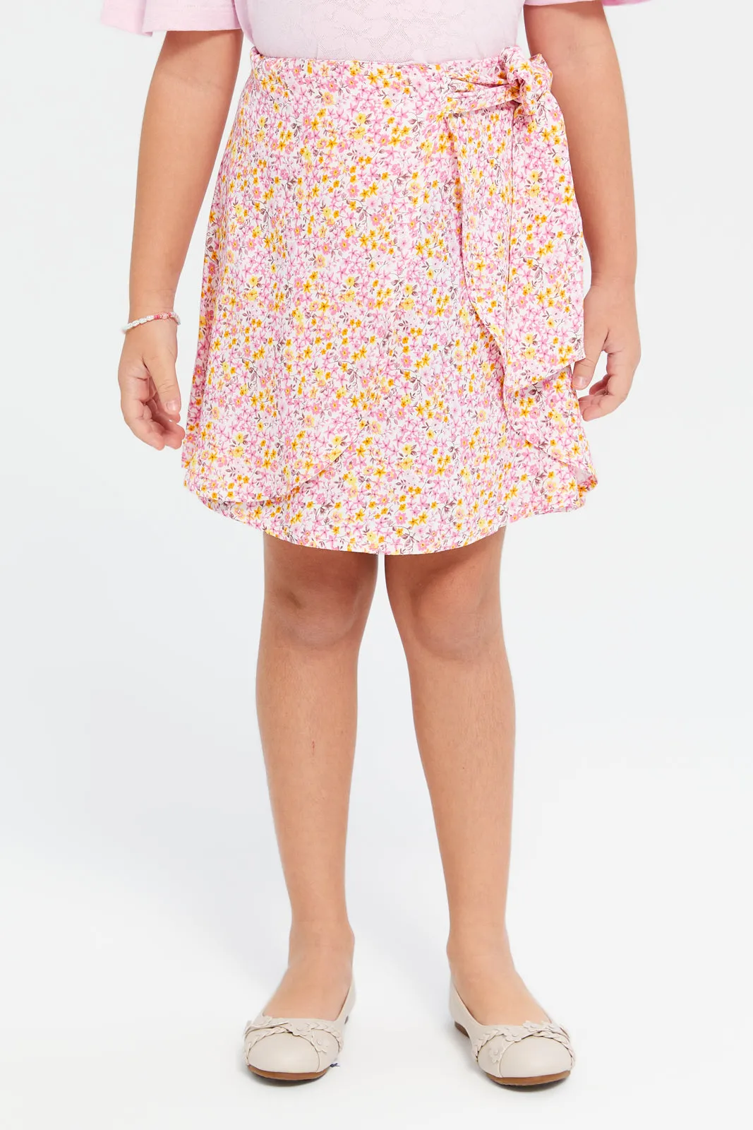 Girls Pink Printed Skirt With Belt