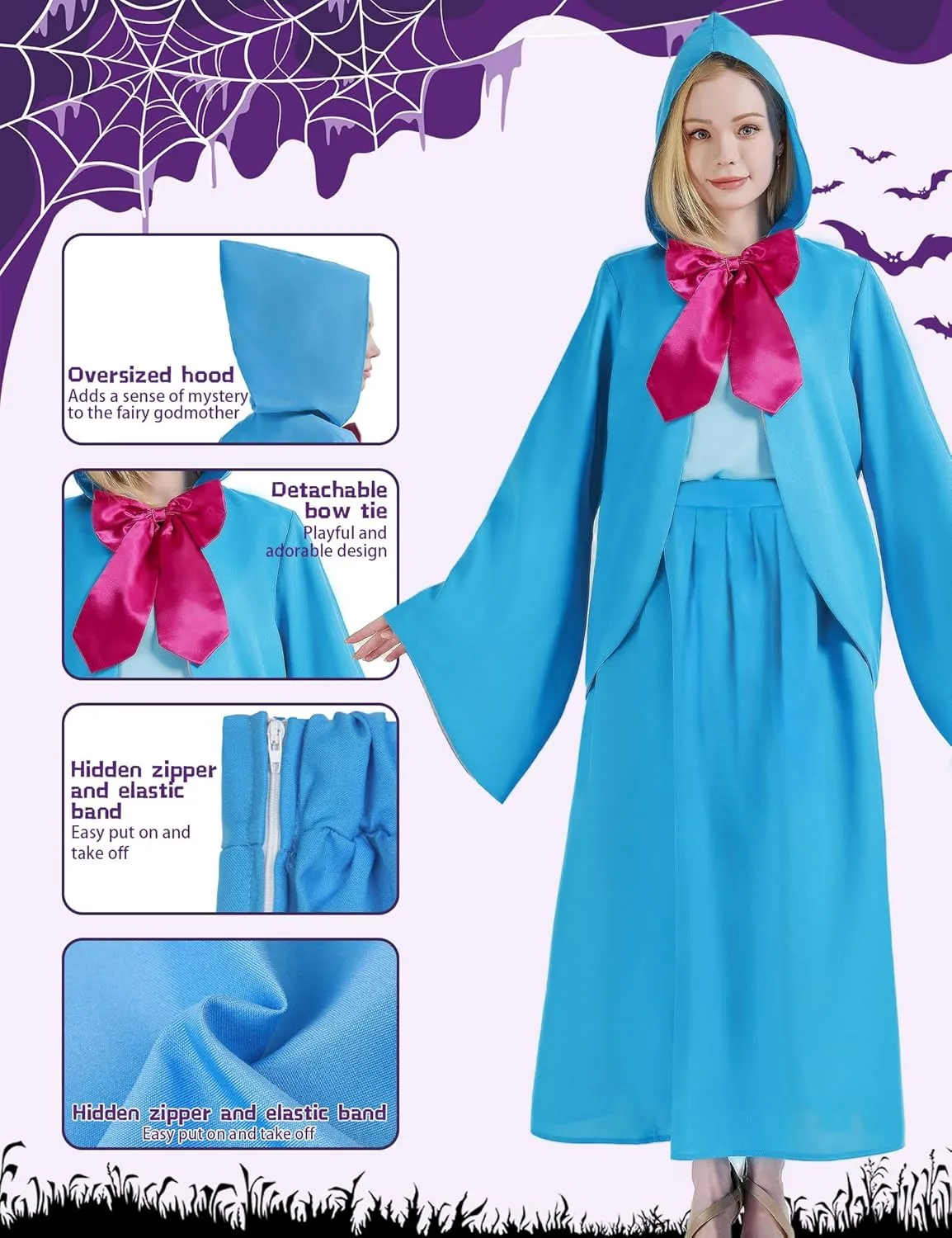 Godmother Costume for Women Adult Halloween Outfit Plus Size Girls with Dress Hooded Cloak Cape for Cosplay Party