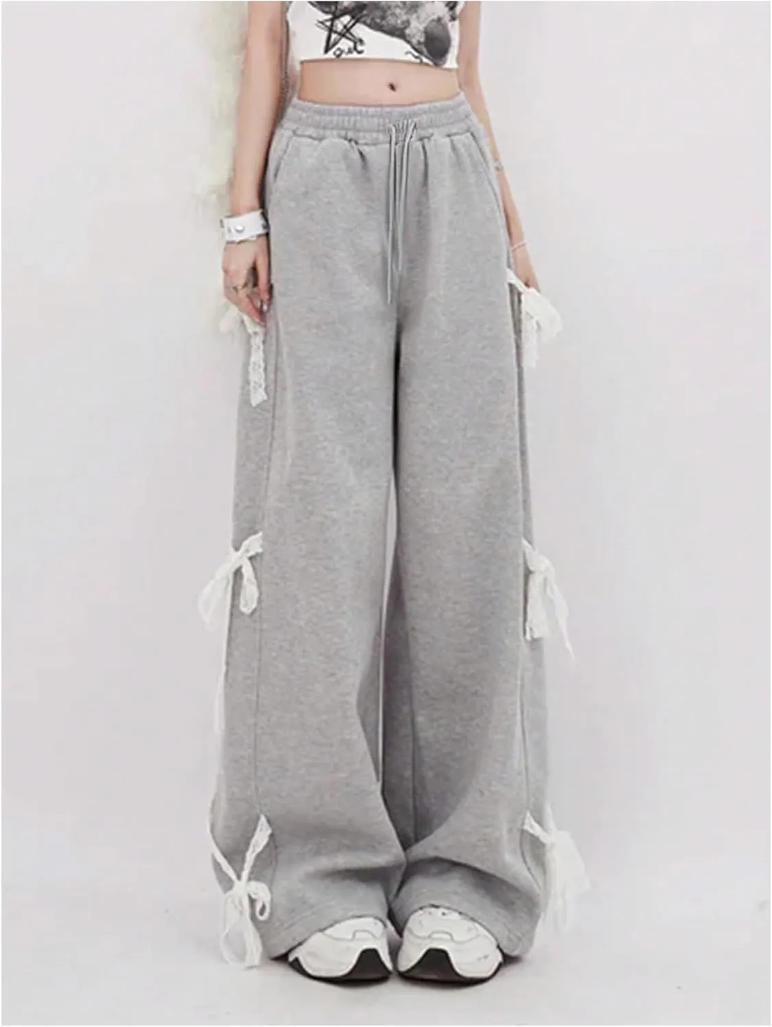 GORGLITTER Women's Bow Pants Y2k Lace Wide Leg Baggy Sweatpants Drawstring Waist Trousers