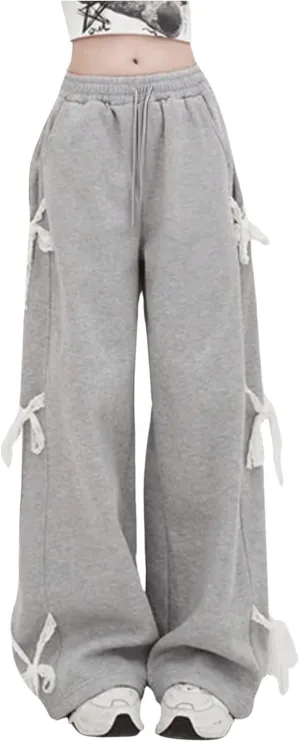 GORGLITTER Women's Bow Pants Y2k Lace Wide Leg Baggy Sweatpants Drawstring Waist Trousers