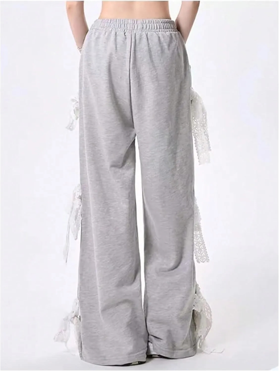 GORGLITTER Women's Bow Pants Y2k Lace Wide Leg Baggy Sweatpants Drawstring Waist Trousers