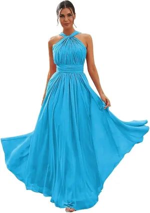 Halter Chiffon Bridesmaid Dresses for Women A Line Formal Gown Ruched Long Evening Dress with Pocket PS531