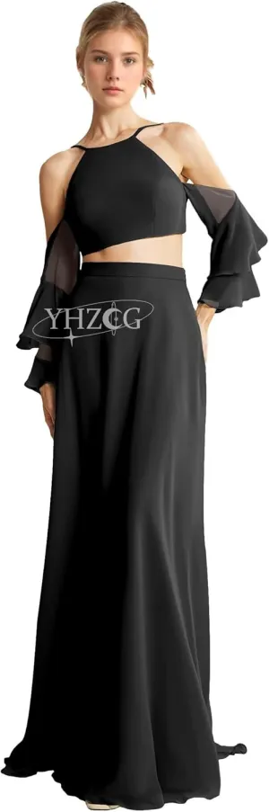 Halter Maxi Chiffon Prom Dresses Strapless 2 Piece Ruffle Long Sleeve Guest Dress Evening Gowns Women's