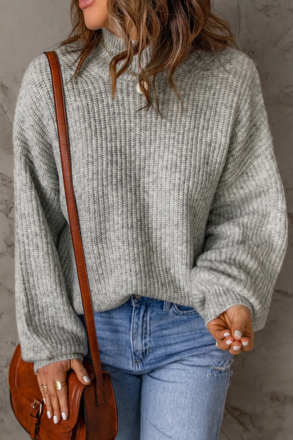High Neck Drop Shoulder Plain Sweater