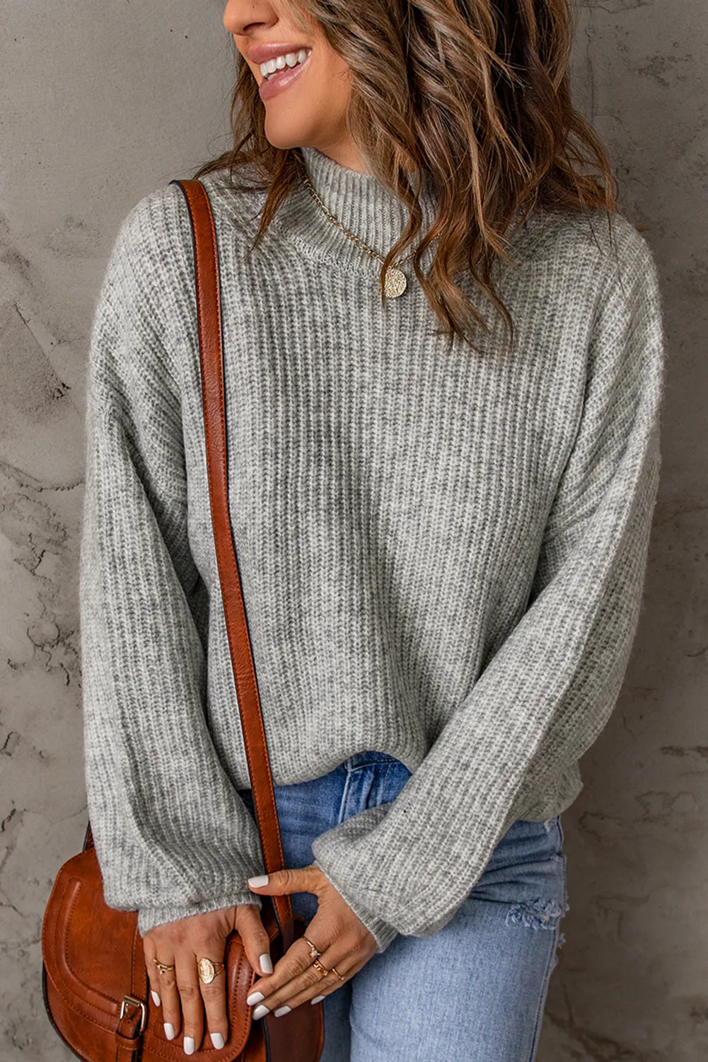 High Neck Drop Shoulder Plain Sweater