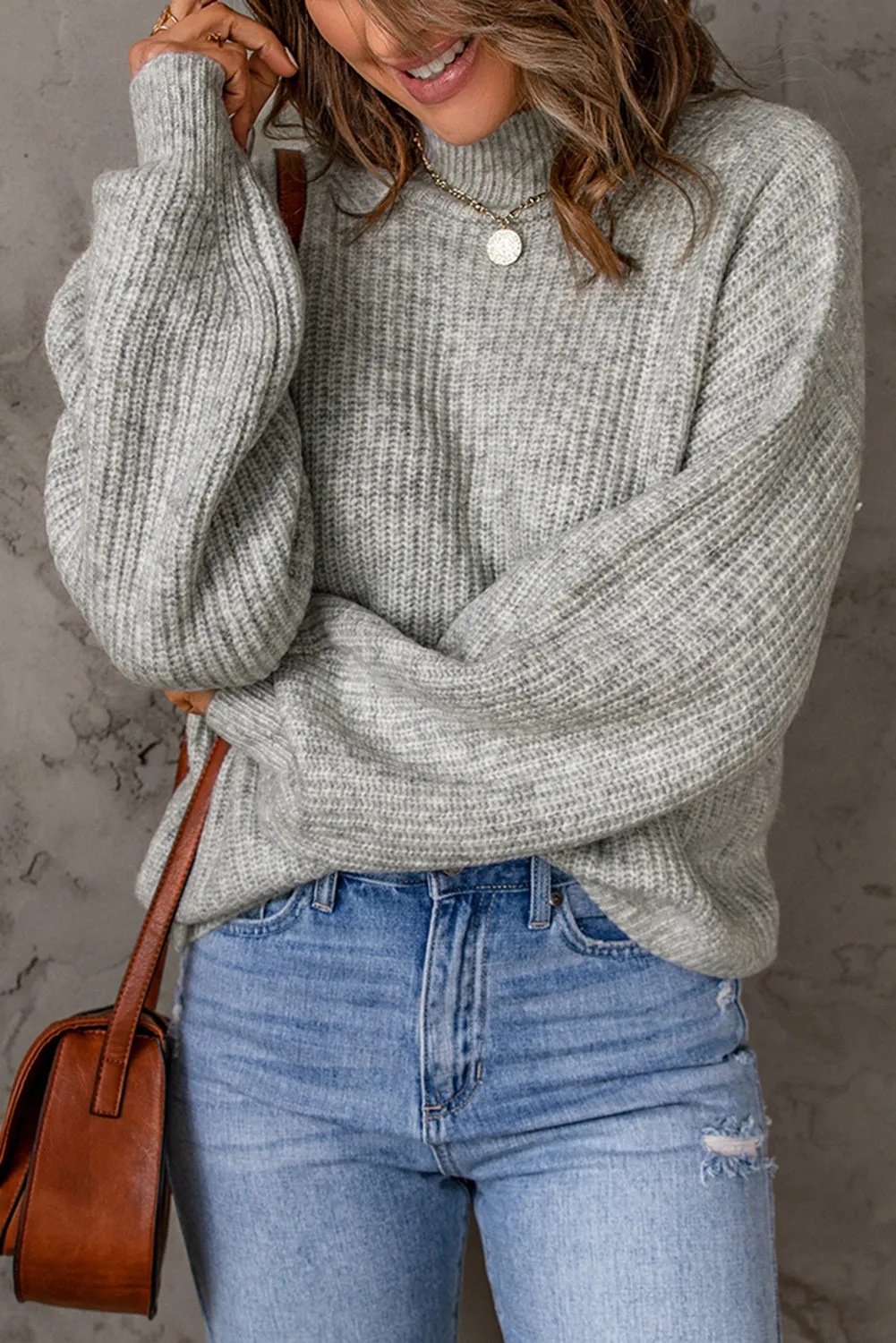 High Neck Drop Shoulder Plain Sweater