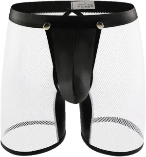 HSQSMWJ Men's Wet Look Leather Boxer Shorts Pants Erotic Clubwear Button Removable Pouch