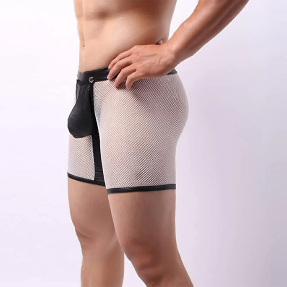 HSQSMWJ Men's Wet Look Leather Boxer Shorts Pants Erotic Clubwear Button Removable Pouch