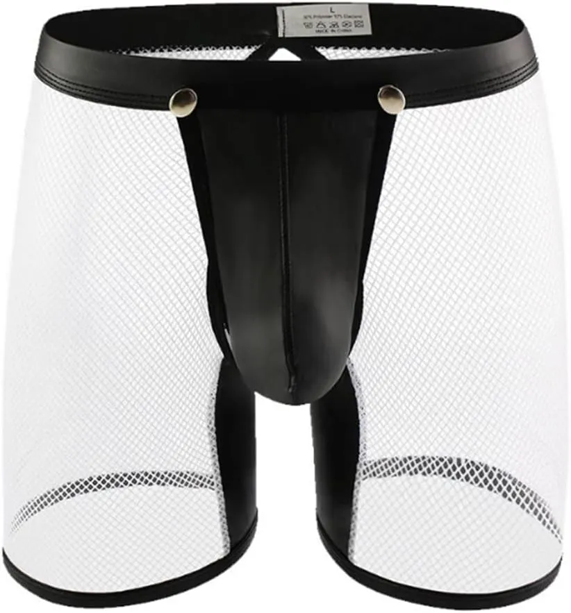 HSQSMWJ Men's Wet Look Leather Boxer Shorts Pants Erotic Clubwear Button Removable Pouch