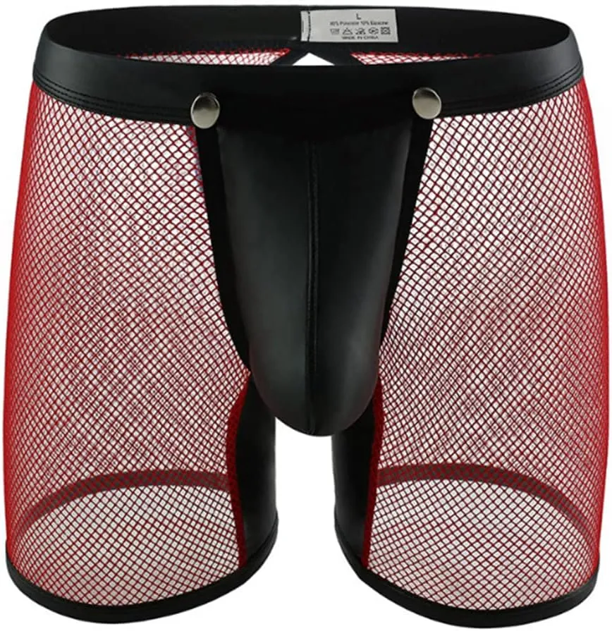 HSQSMWJ Men's Wet Look Leather Boxer Shorts Pants Erotic Clubwear Button Removable Pouch
