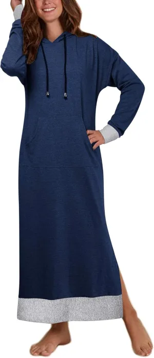 Jacansi Women's Long Sleeve Solid Loose Hooded Sweatshirt Maxi Dress with Pocket