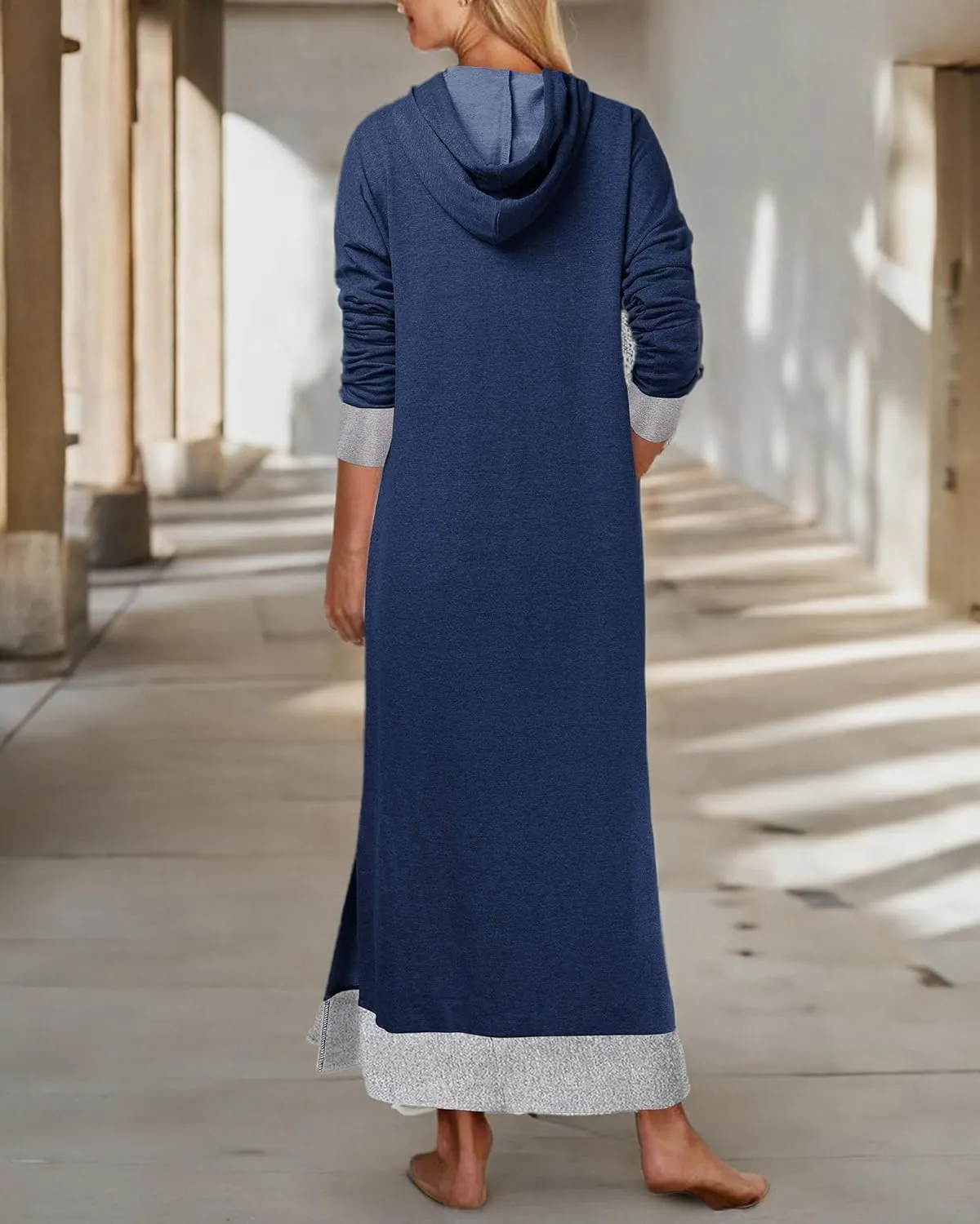 Jacansi Women's Long Sleeve Solid Loose Hooded Sweatshirt Maxi Dress with Pocket