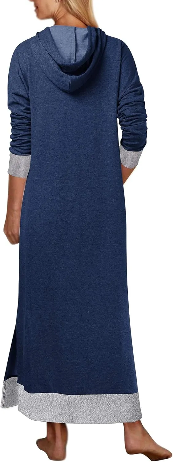 Jacansi Women's Long Sleeve Solid Loose Hooded Sweatshirt Maxi Dress with Pocket