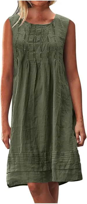 JOAU Cotton Linen Tank Dress for Women Pleated Summer Crewneck Sleeveless Sundress Beach Vacation Casual Knee Length Dresses