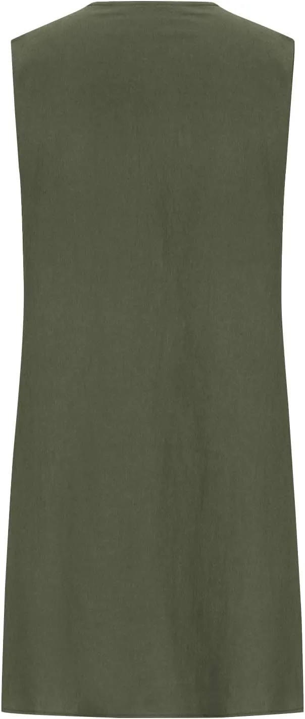 JOAU Cotton Linen Tank Dress for Women Pleated Summer Crewneck Sleeveless Sundress Beach Vacation Casual Knee Length Dresses