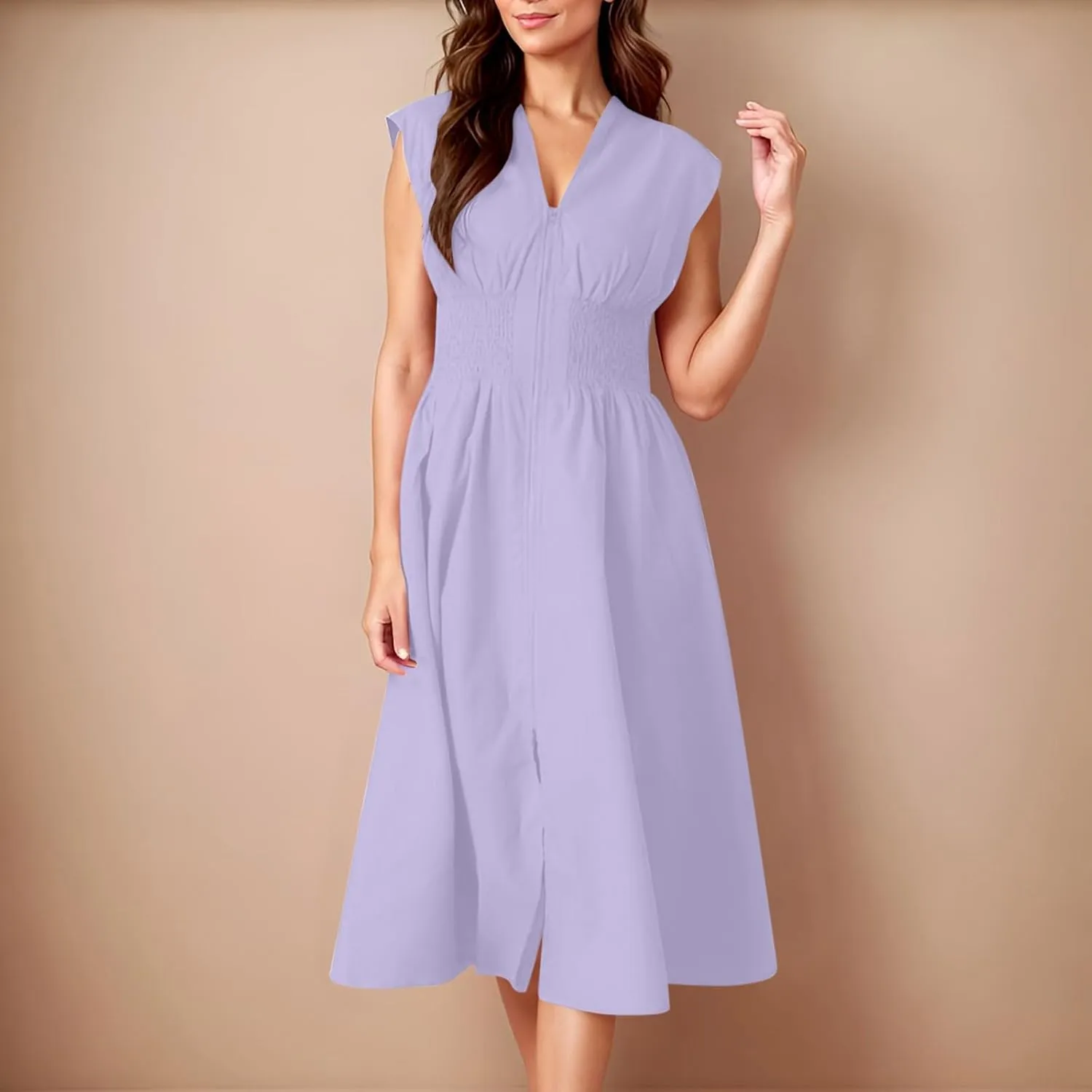 JOAU Womens Summer Casual V Neck Cap Sleeve Dress Smocked Elastic Waist Zipper Front Flowy Pleated Midi Dresses with Pockets