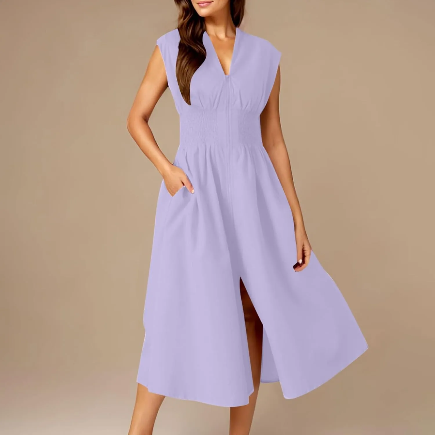 JOAU Womens Summer Casual V Neck Cap Sleeve Dress Smocked Elastic Waist Zipper Front Flowy Pleated Midi Dresses with Pockets